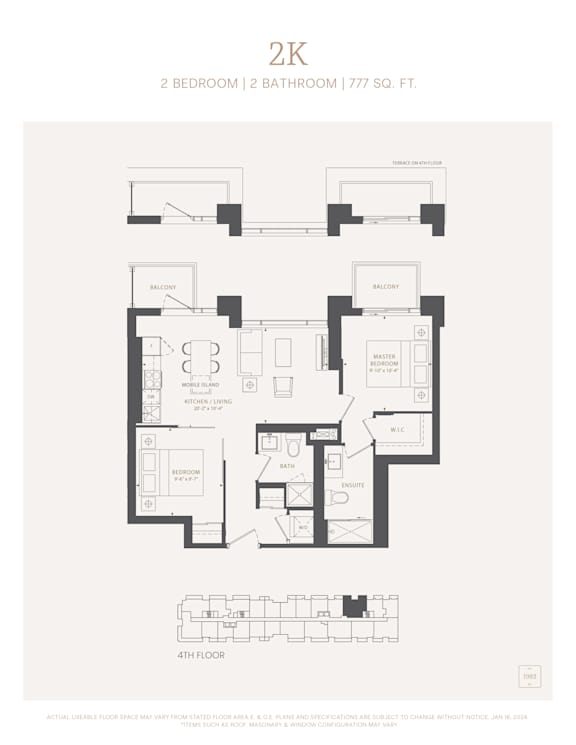 A floor plan for a 2 bedroom, 2 bathroom apartment sized at 777 square feet.